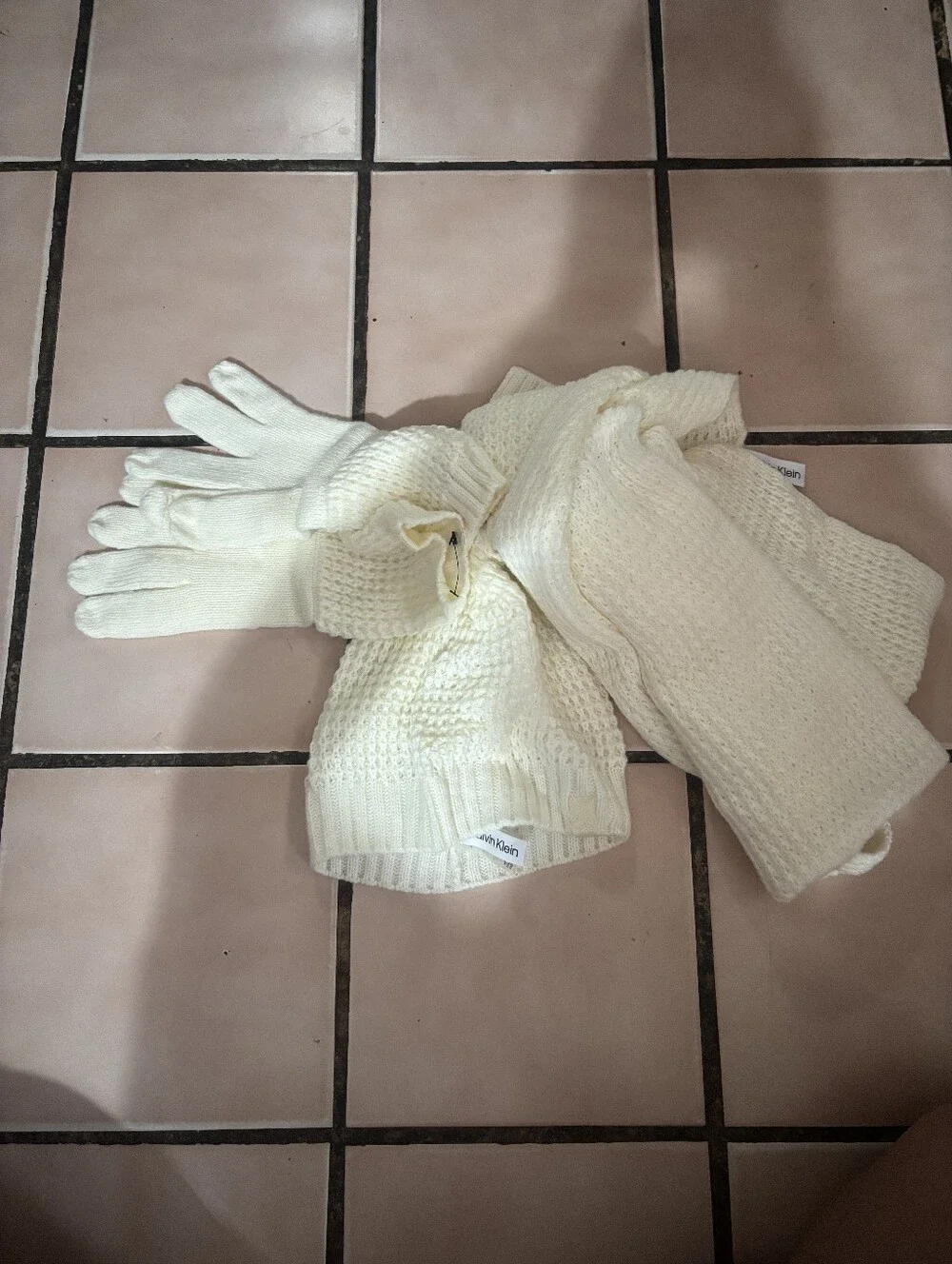 Cream Knit Winter Set - Beanie, Scarf & Gloves